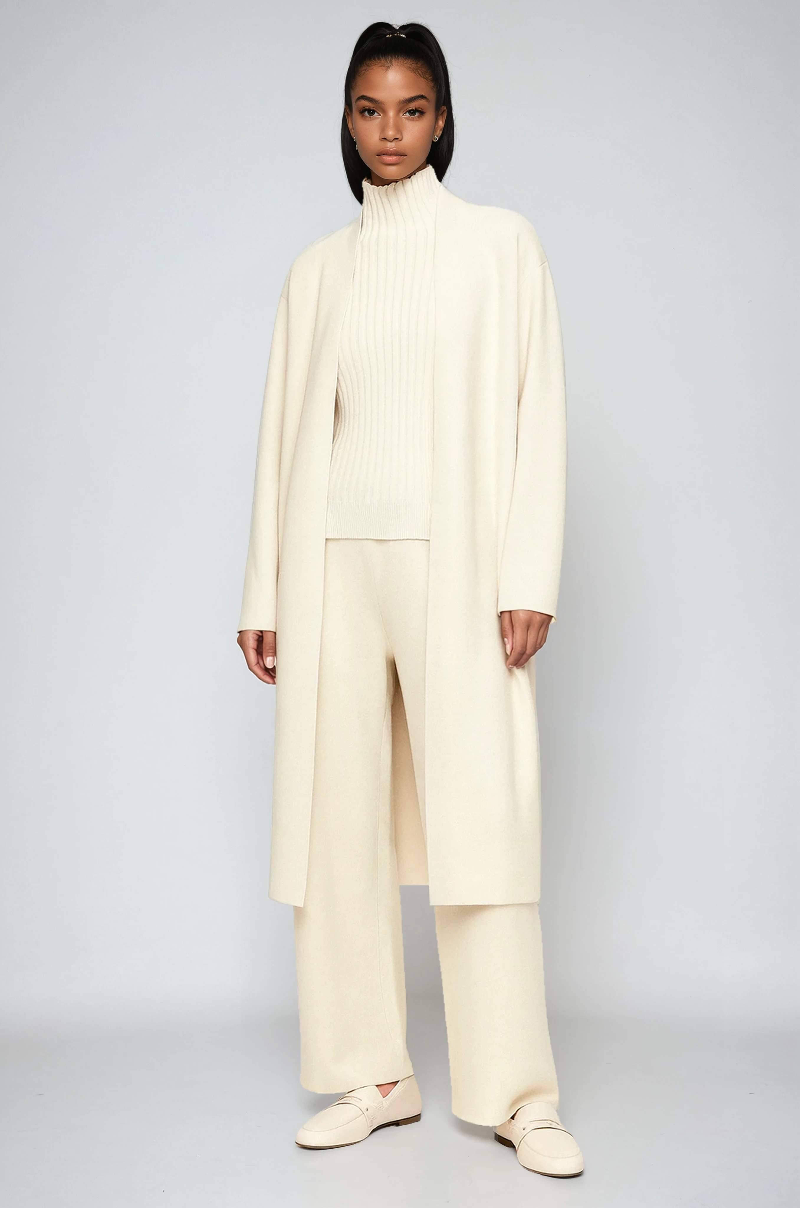 THREE PIECE KNITTED SET – CARDIGAN, TOP & WIDE LEG PANTS