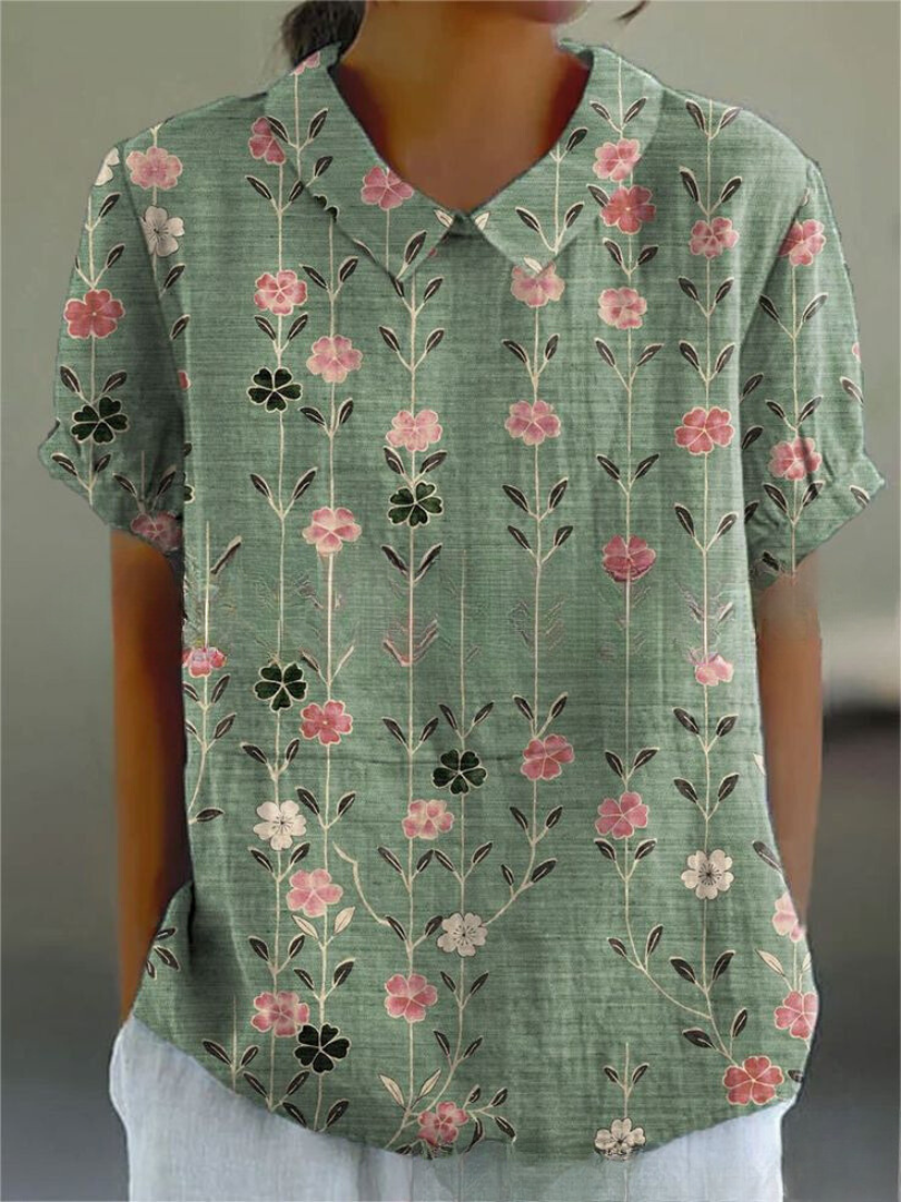 BOTANICAL CHARM | GREEN LINEN BLOUSE WITH FLORAL EMBROIDERY