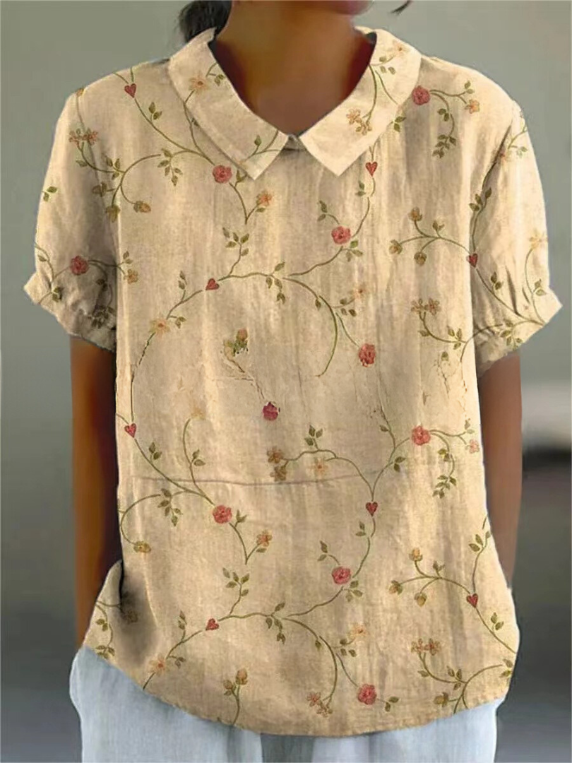 BOTANICAL CHARM | GREEN LINEN BLOUSE WITH FLORAL EMBROIDERY