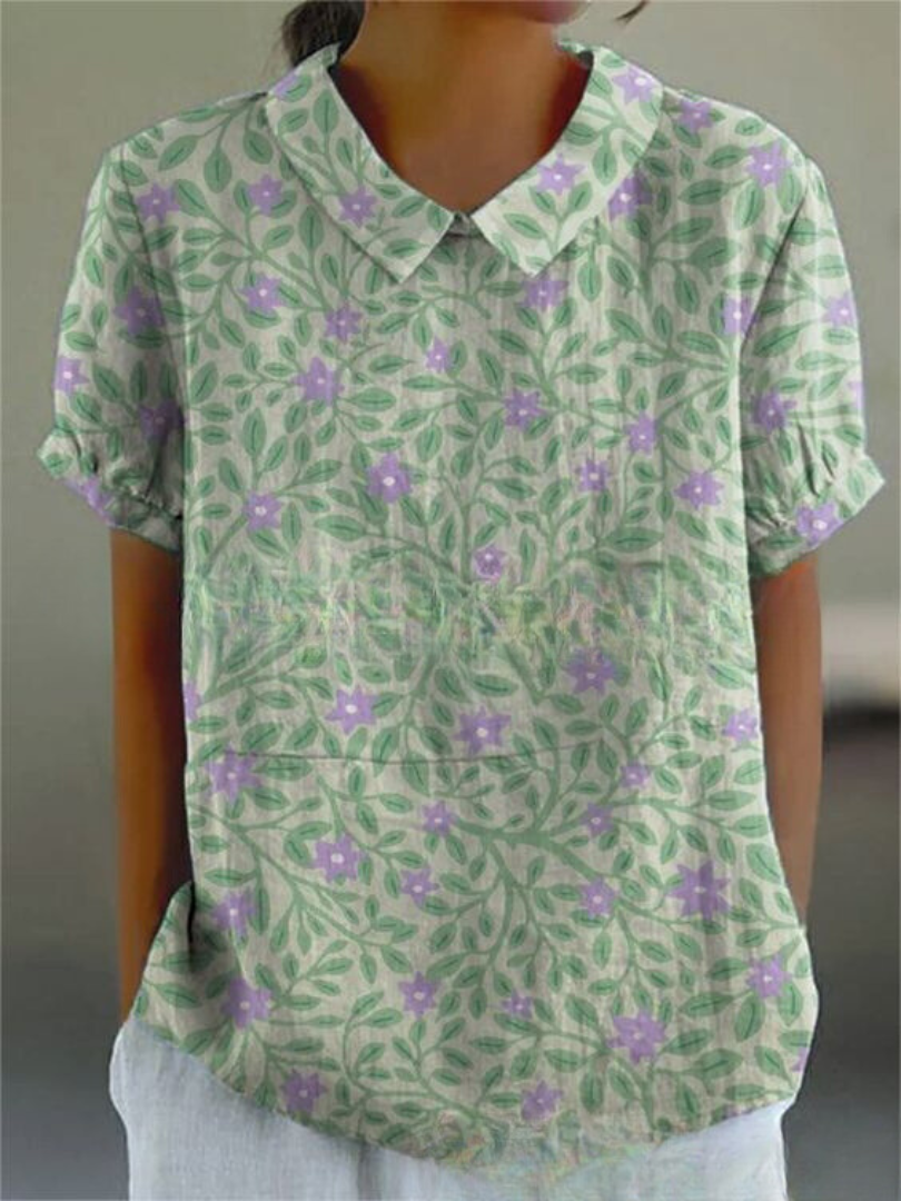 BOTANICAL CHARM | GREEN LINEN BLOUSE WITH FLORAL EMBROIDERY
