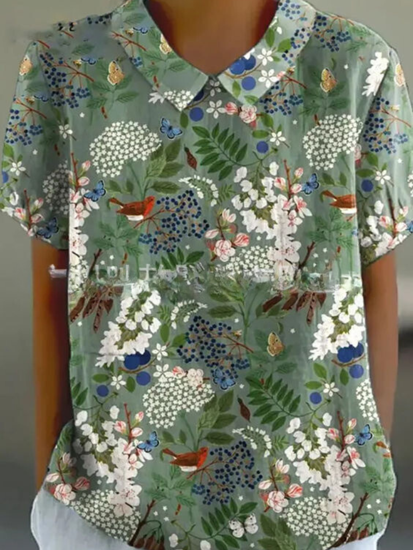 BOTANICAL CHARM | GREEN LINEN BLOUSE WITH FLORAL EMBROIDERY