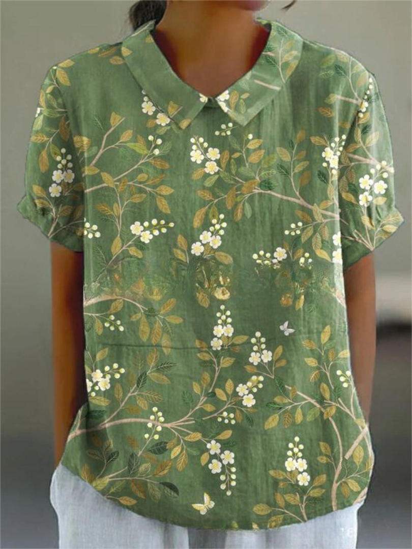 BOTANICAL CHARM | GREEN LINEN BLOUSE WITH FLORAL EMBROIDERY