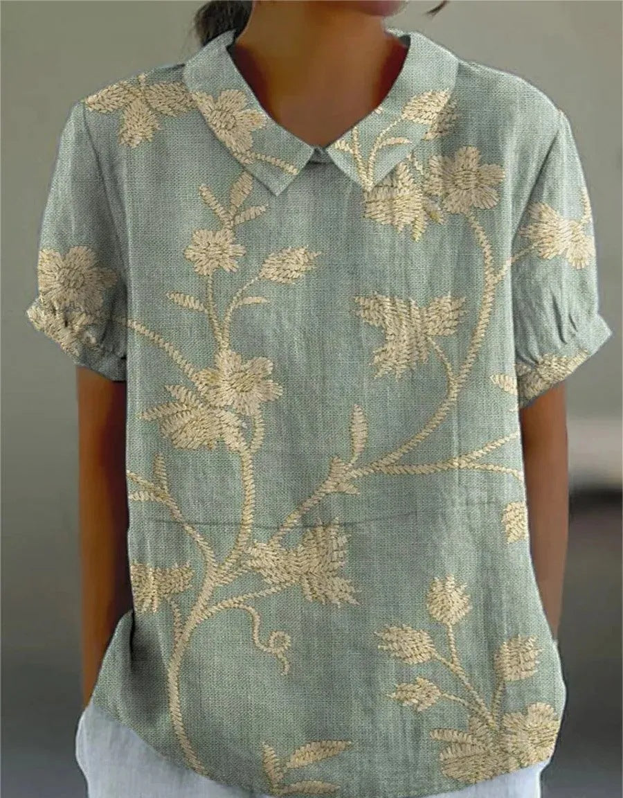 BOTANICAL CHARM | GREEN LINEN BLOUSE WITH FLORAL EMBROIDERY