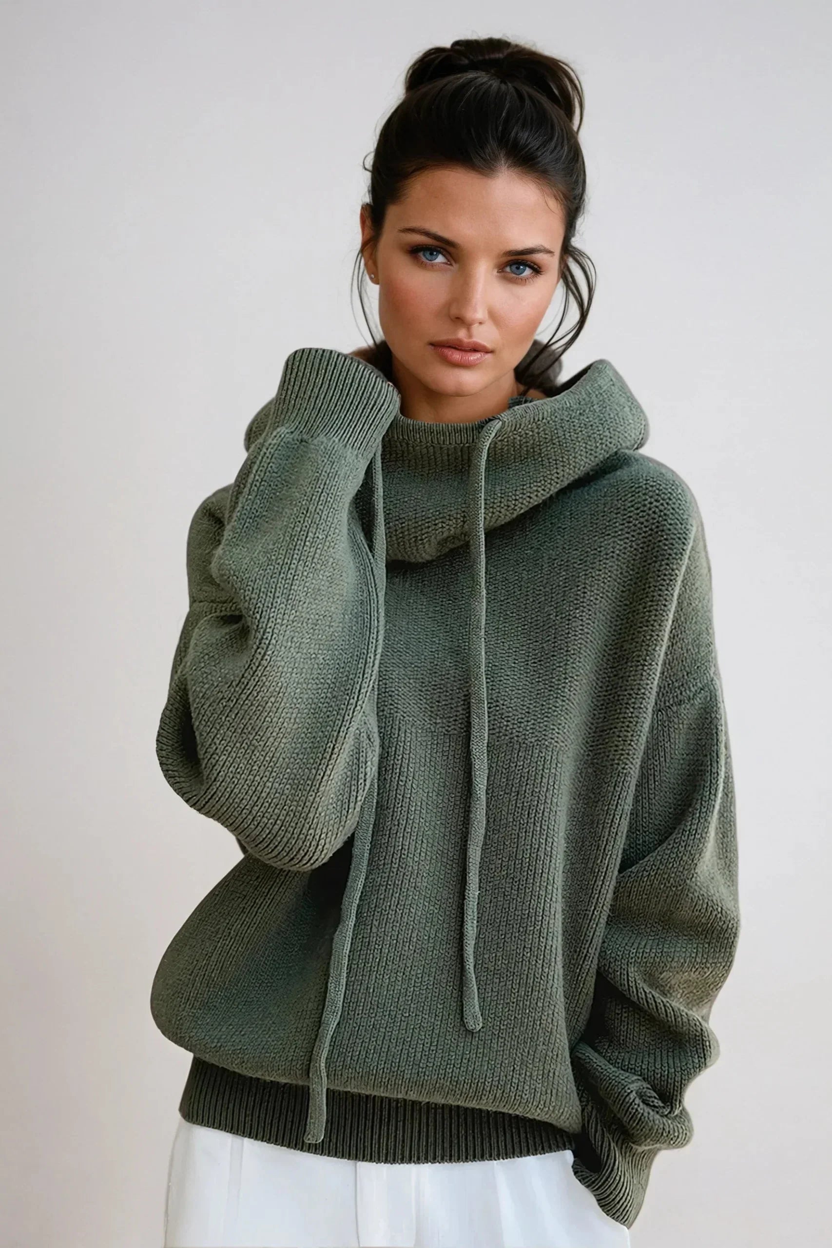 KNITTED HOODED TURTLENECK SWEATER