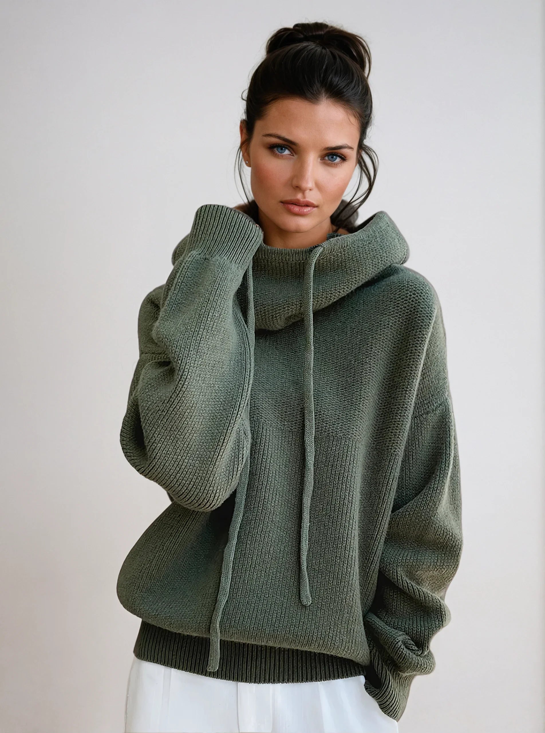 KNITTED HOODED TURTLENECK SWEATER