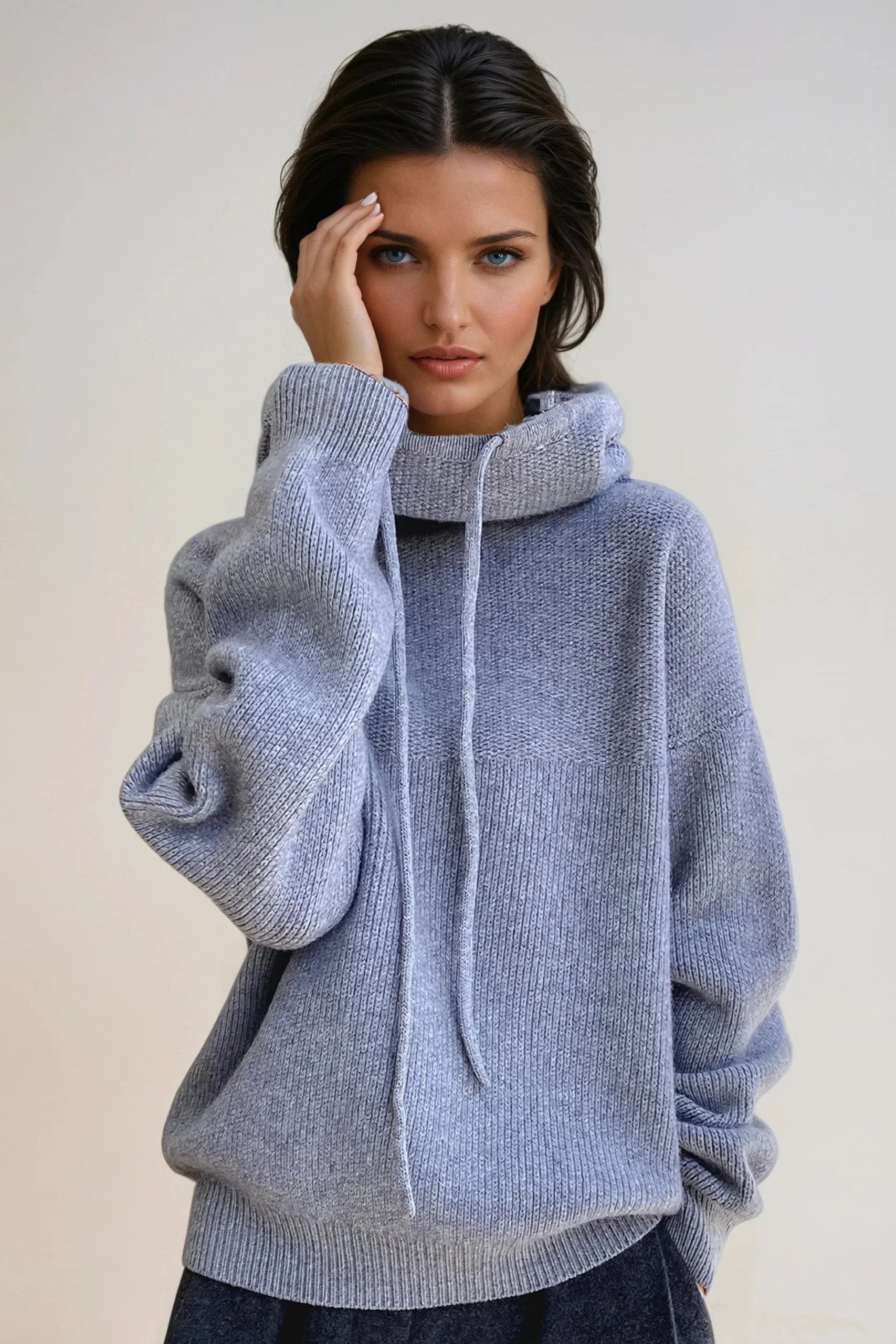 KNITTED HOODED TURTLENECK SWEATER