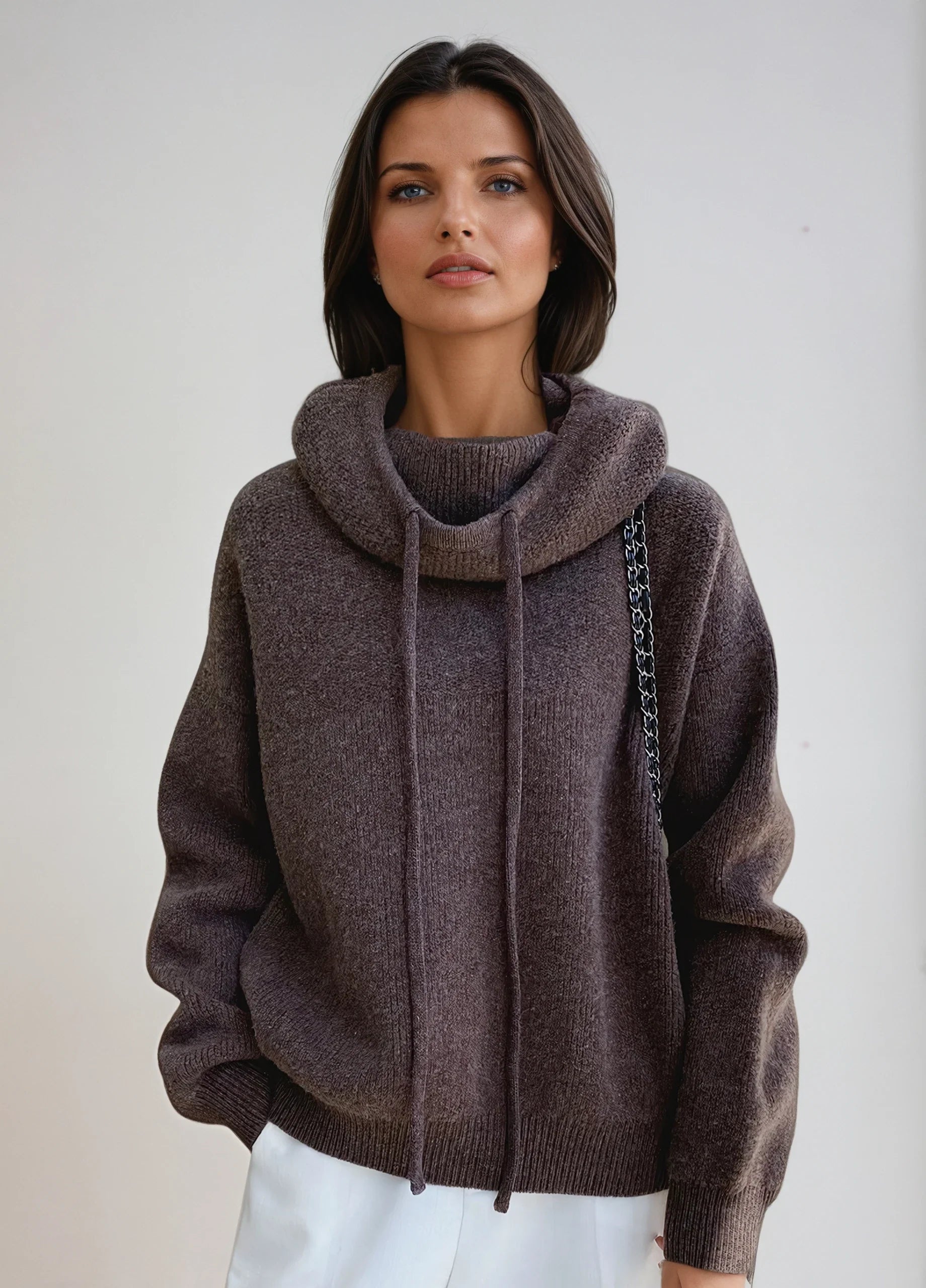 KNITTED HOODED TURTLENECK SWEATER