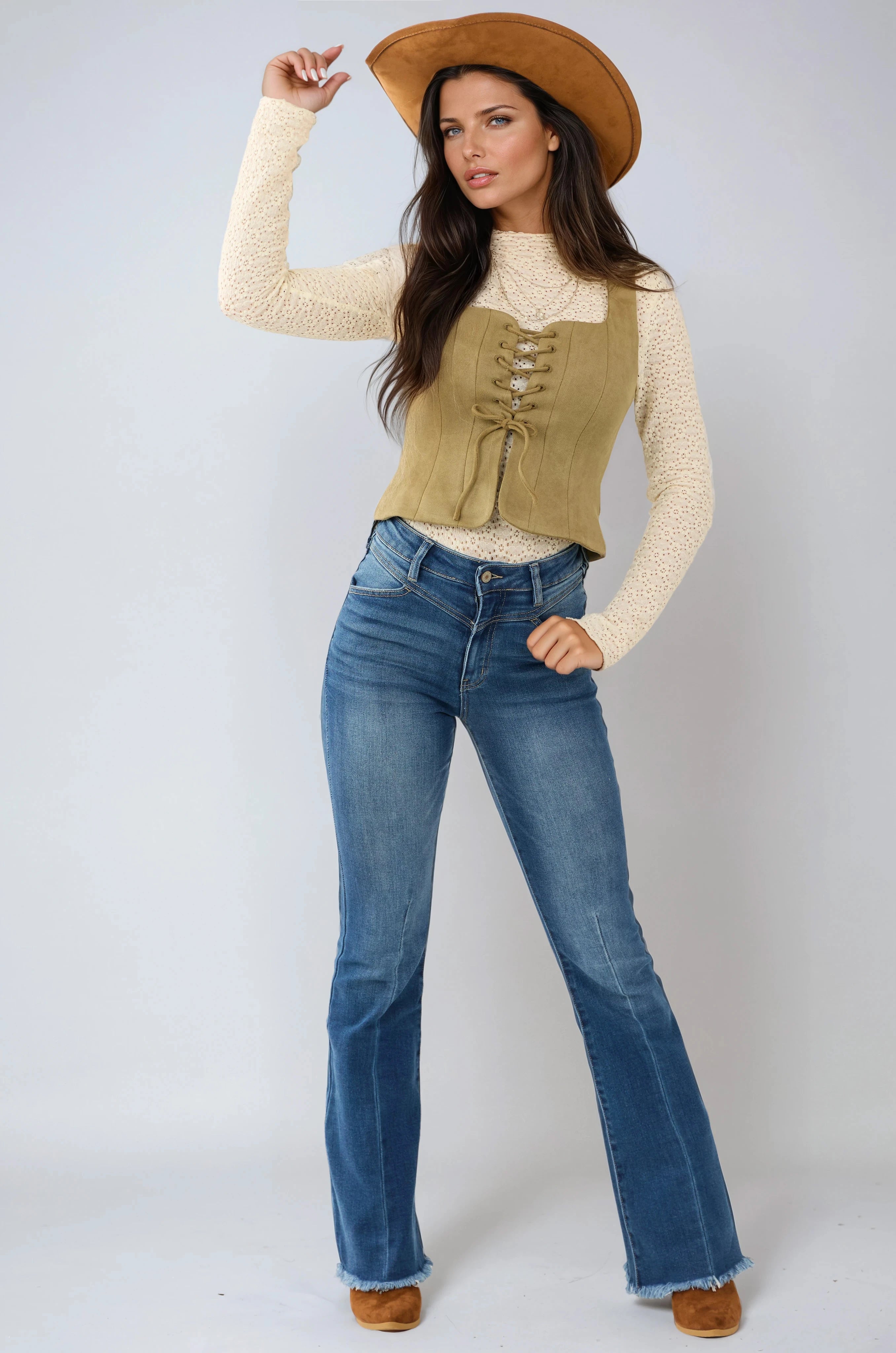 WOMEN’S FLARED JEANS | DARK BLUE HIGH WAIST HEM