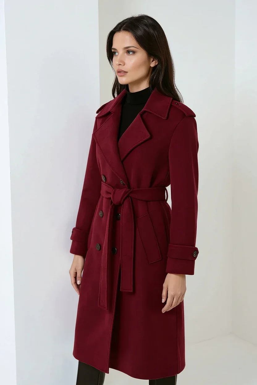 RED WOOL COAT | LONG DOUBLE BREASTED TRENCH WITH BELT
