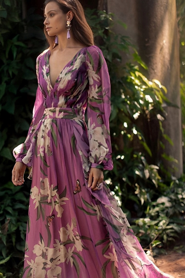 PURPLE PARTY DRESS | LONG-SLEEVE WITH FLORAL PRINT
