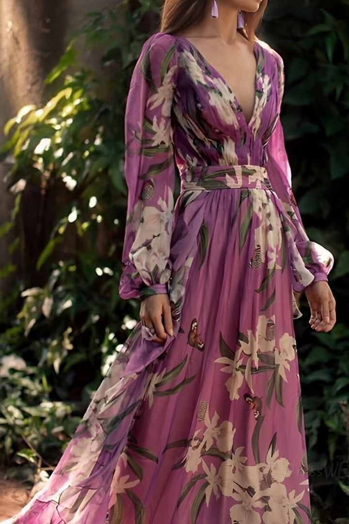 PURPLE PARTY DRESS | LONG-SLEEVE WITH FLORAL PRINT
