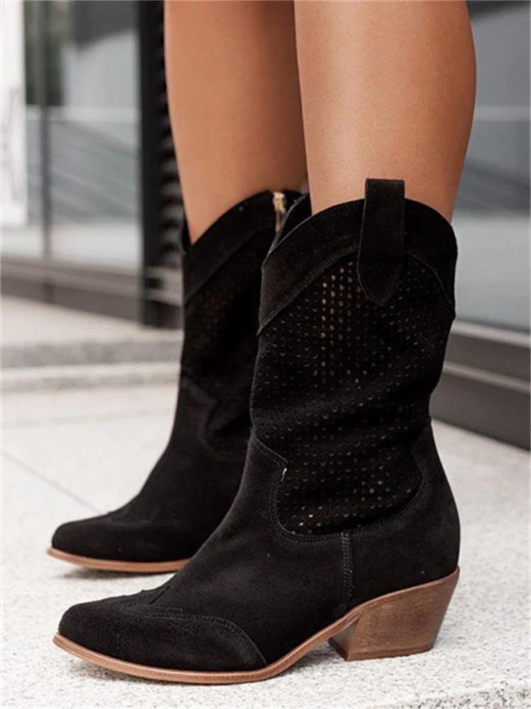 BOOTS | WESTERN COWBOY BOOTS WITH BLOCK HEEL AND CUT-OUT DESIGN
