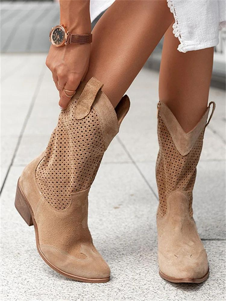 BOOTS | WESTERN COWBOY BOOTS WITH BLOCK HEEL AND CUT-OUT DESIGN