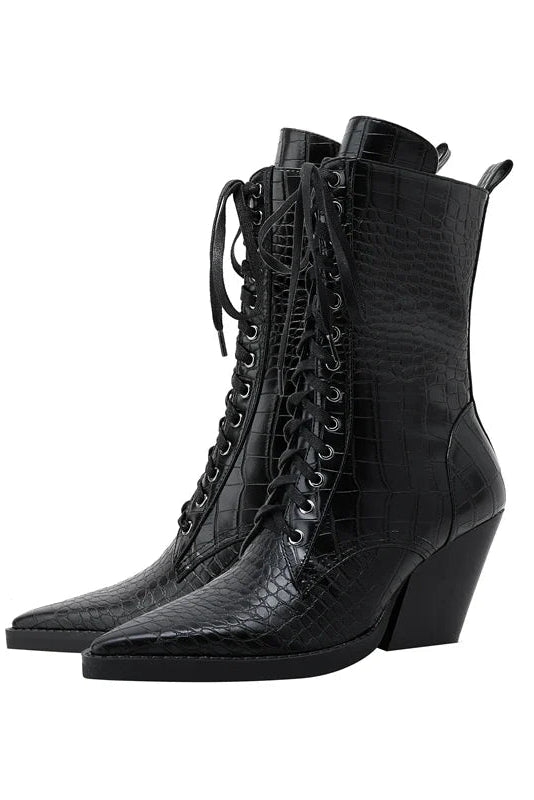 HEELED LACE-UP BOOTS | CROC-EMBOSSED LEATHER & POINTED TOE