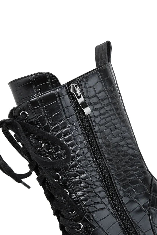 HEELED LACE-UP BOOTS | CROC-EMBOSSED LEATHER & POINTED TOE