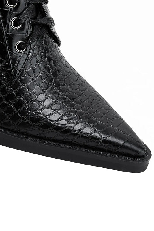 HEELED LACE-UP BOOTS | CROC-EMBOSSED LEATHER & POINTED TOE