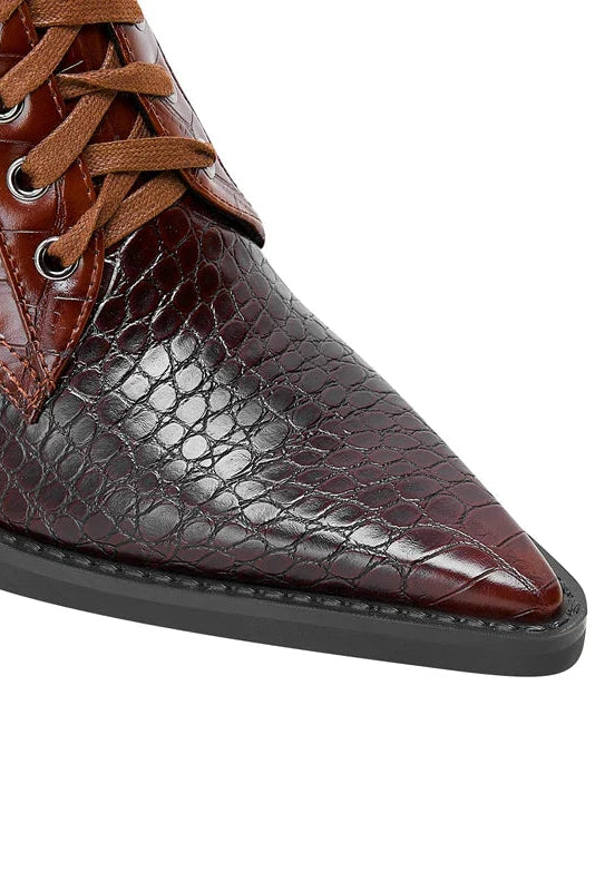 HEELED LACE-UP BOOTS | CROC-EMBOSSED LEATHER & POINTED TOE