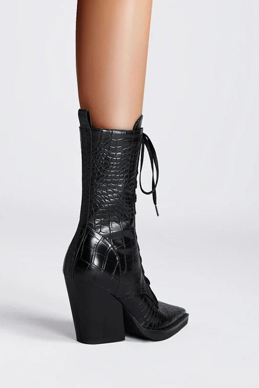 HEELED LACE-UP BOOTS | CROC-EMBOSSED LEATHER & POINTED TOE