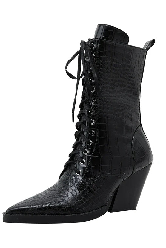 HEELED LACE-UP BOOTS | CROC-EMBOSSED LEATHER & POINTED TOE