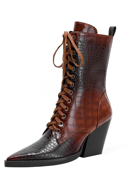 HEELED LACE-UP BOOTS | CROC-EMBOSSED LEATHER & POINTED TOE