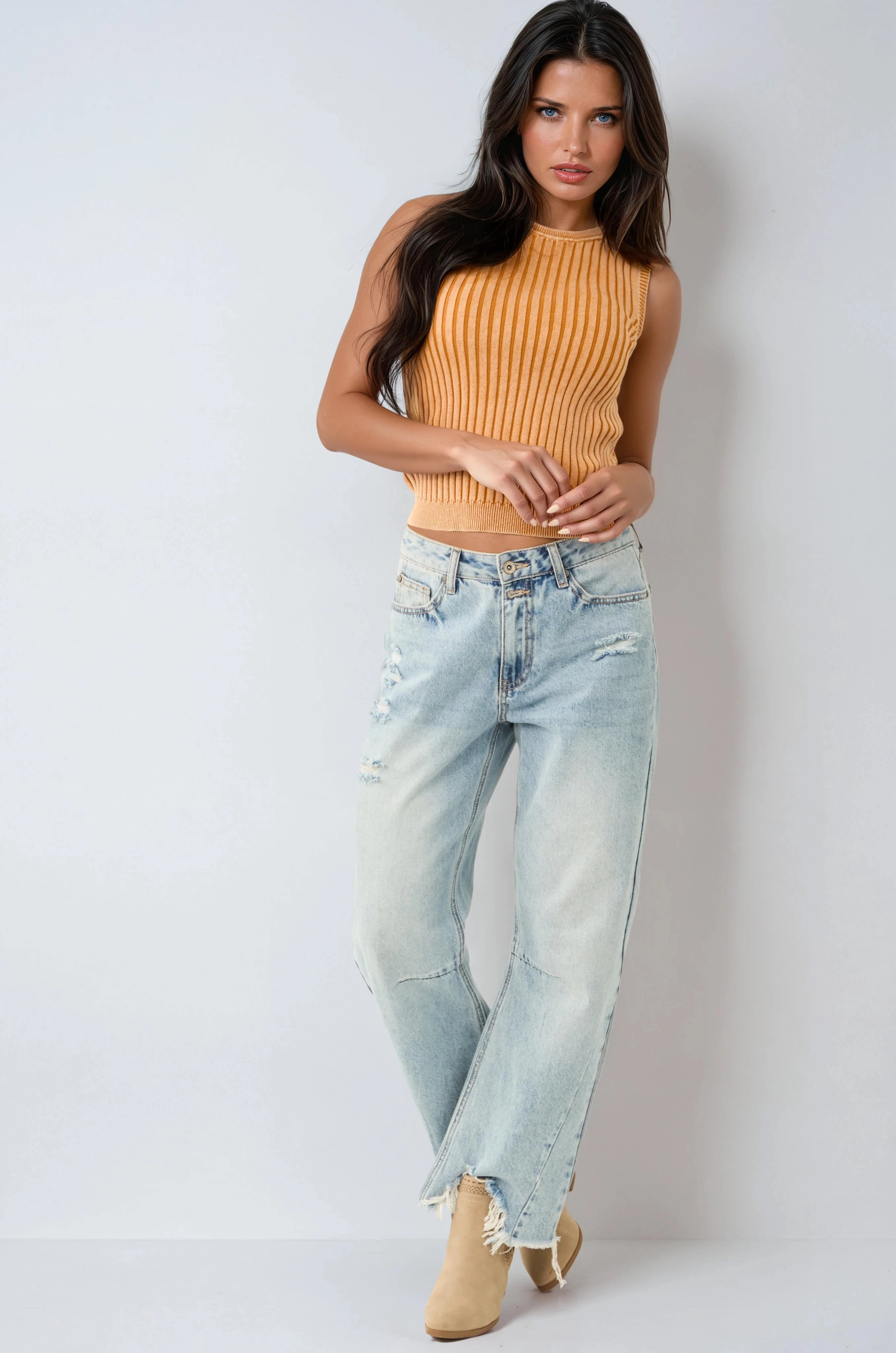 WOMEN’S WIDE LEG JEANS | DISTRESSED FRAYED HEM