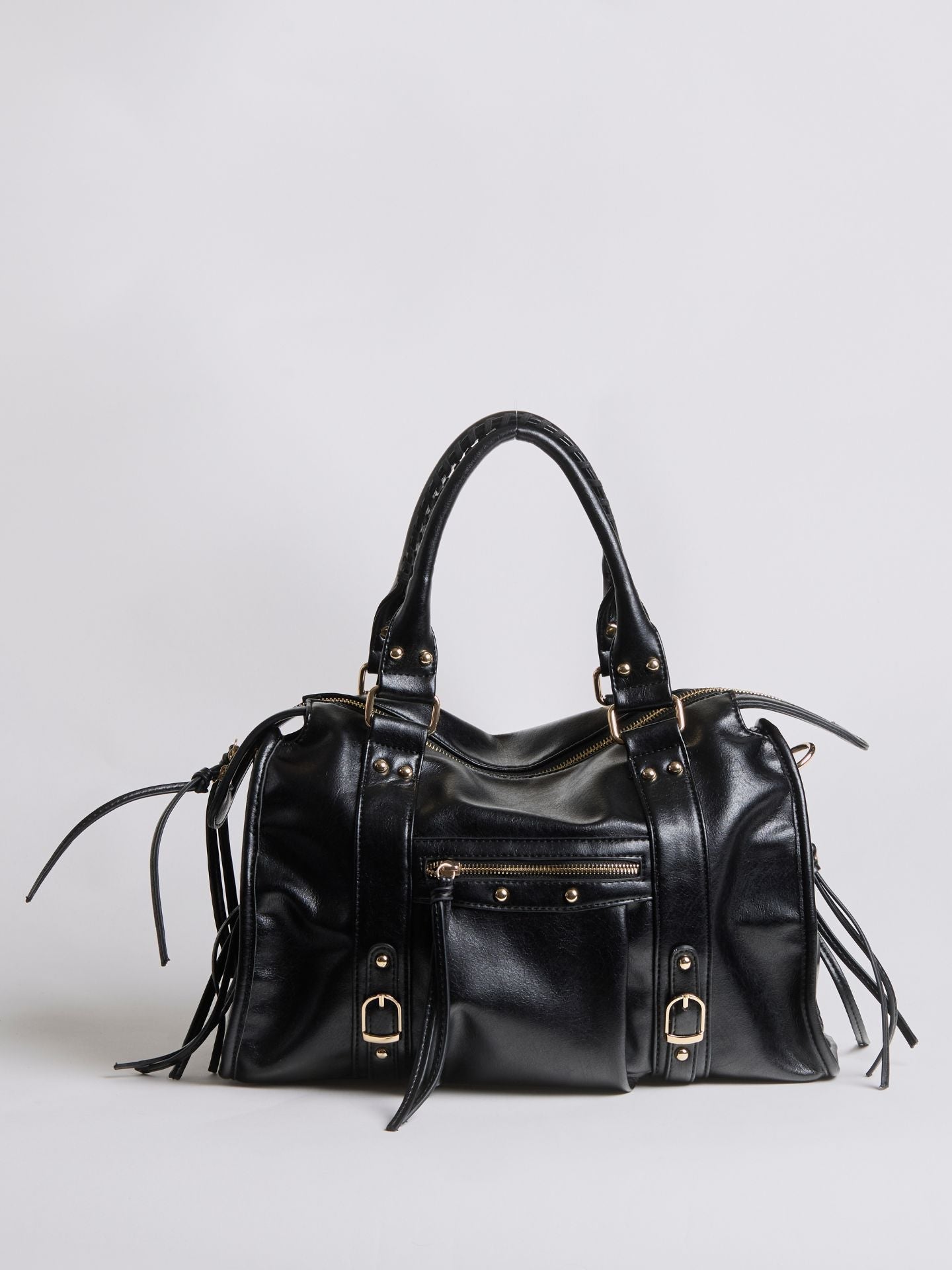 HANDBAG | STRUCTURED BOWLER BAG WITH ZIP POCKETS AND METAL DETAILS