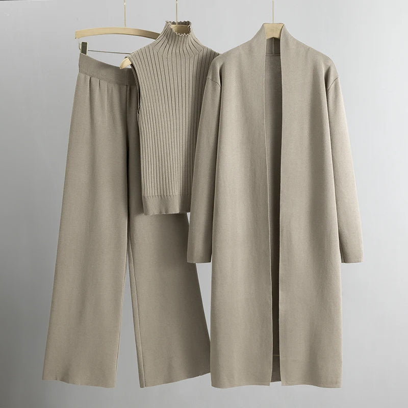 THREE PIECE KNITTED SET – CARDIGAN, TOP & WIDE LEG PANTS