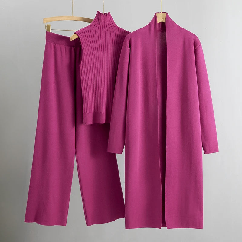 THREE PIECE KNITTED SET – CARDIGAN, TOP & WIDE LEG PANTS