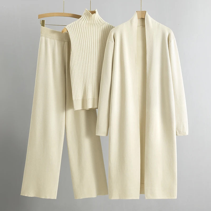THREE PIECE KNITTED SET – CARDIGAN, TOP & WIDE LEG PANTS