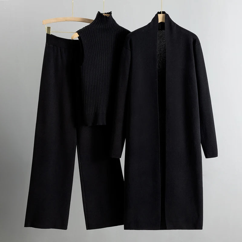THREE PIECE KNITTED SET – CARDIGAN, TOP & WIDE LEG PANTS