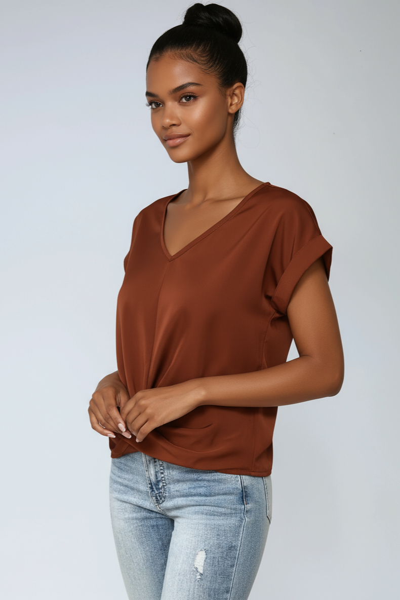 URBAN ELEGANCE | BLACK SATIN V-NECK BLOUSE