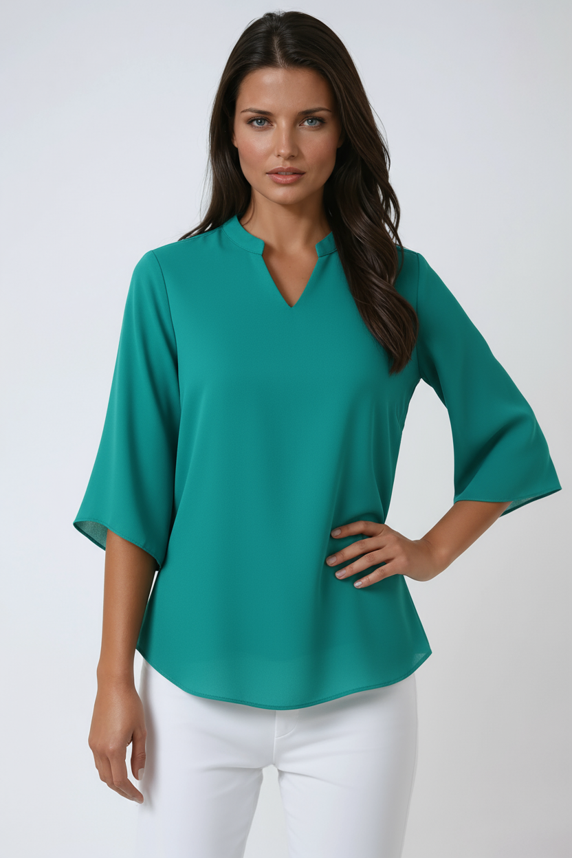 CHIFFON V-NECK BLOUSE - FLUTTER 3/4 SLEEVES