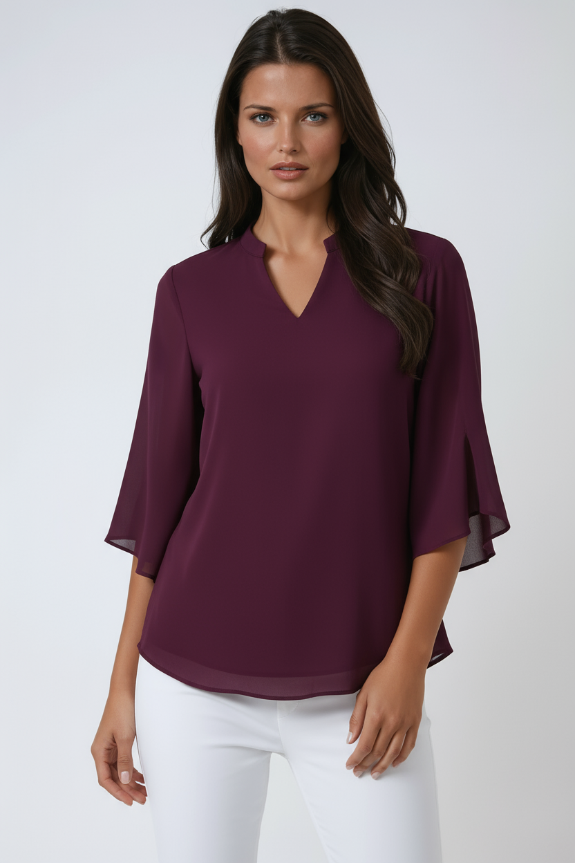 CHIFFON V-NECK BLOUSE - FLUTTER 3/4 SLEEVES