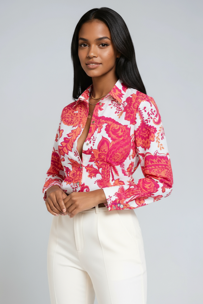 GRAPHIC CHIC | BLUE GEOMETRIC PRINT BUTTON-UP BLOUSE