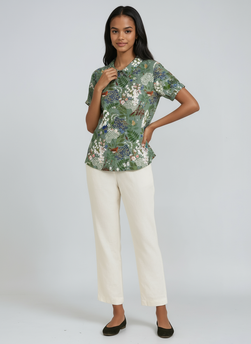 BOTANICAL CHARM | GREEN LINEN BLOUSE WITH FLORAL EMBROIDERY