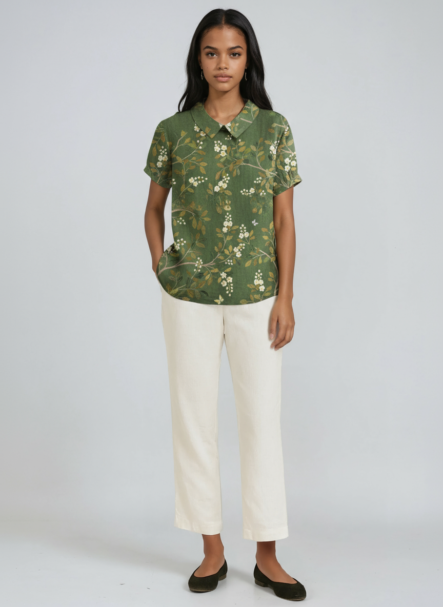 BOTANICAL CHARM | GREEN LINEN BLOUSE WITH FLORAL EMBROIDERY