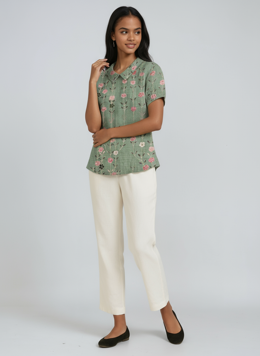 BOTANICAL CHARM | GREEN LINEN BLOUSE WITH FLORAL EMBROIDERY