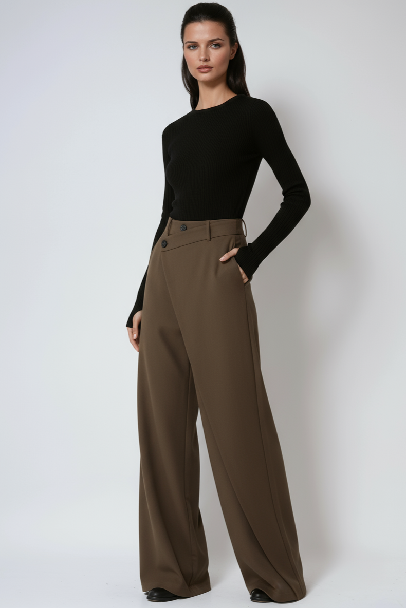 MODERN ELEGANCE | ASYMMETRIC HIGH WAIST WIDE LEG TROUSERS