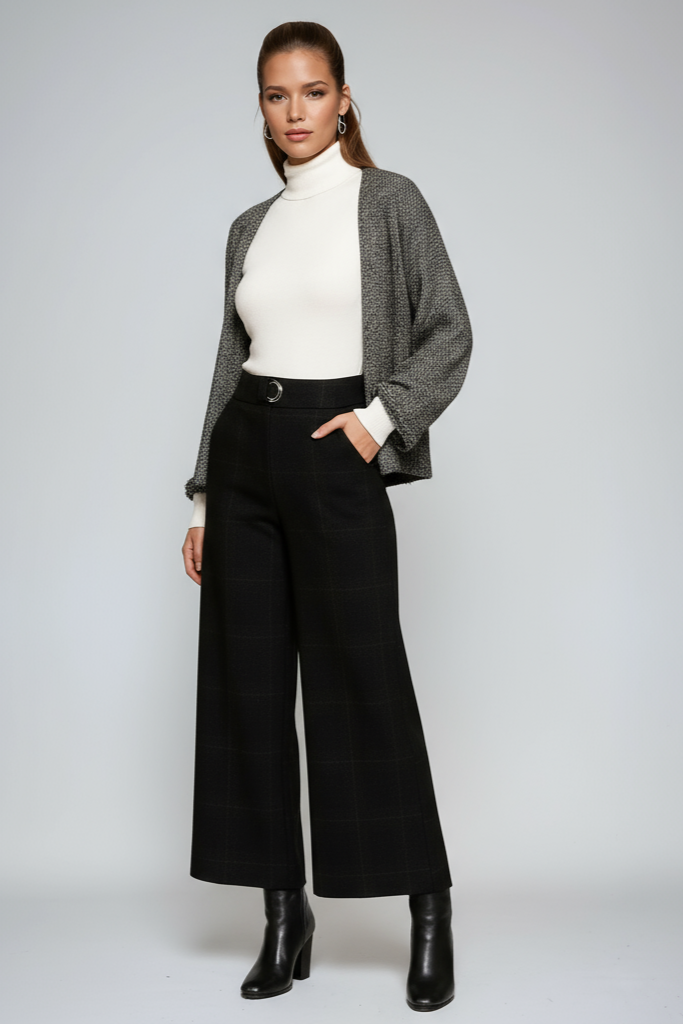 URBAN ELEGANCE | BELTED WIDE LEG CROPPED TROUSERS WITH CHECK PATTERN