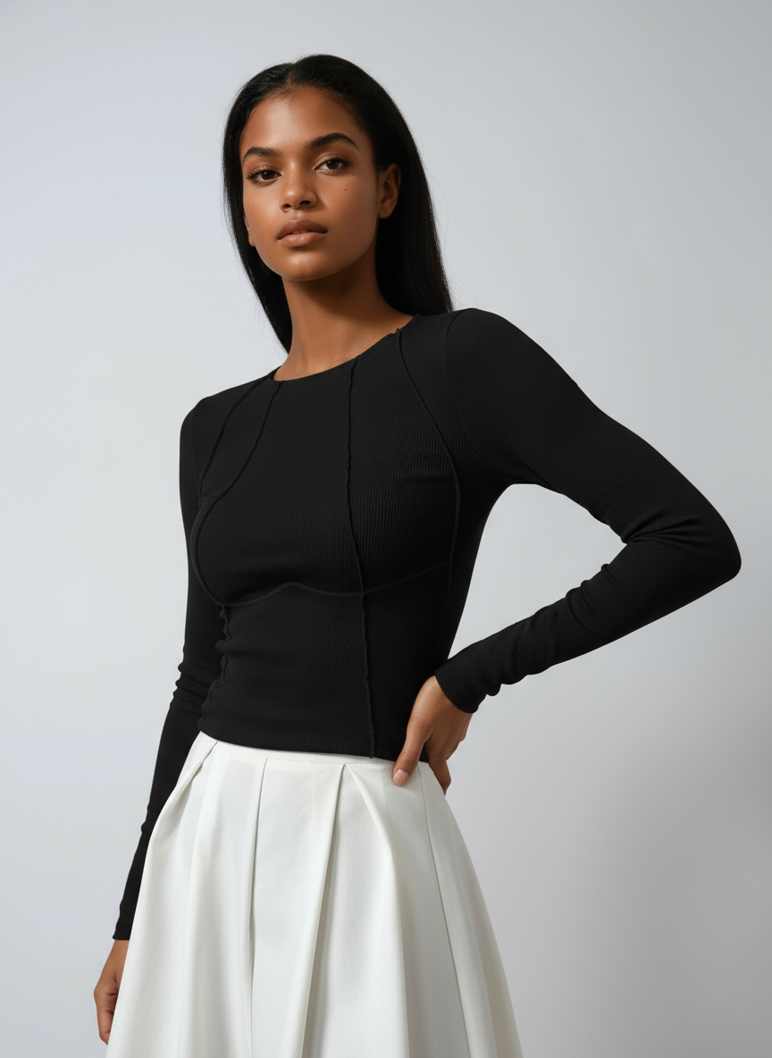 SCULPTED LINES | FITTED RIBBED LONG SLEEVE TOP