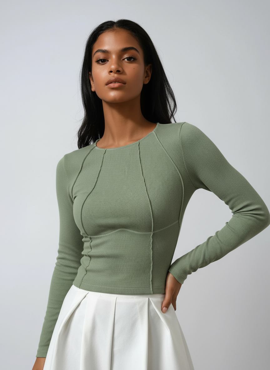 SCULPTED LINES | FITTED RIBBED LONG SLEEVE TOP