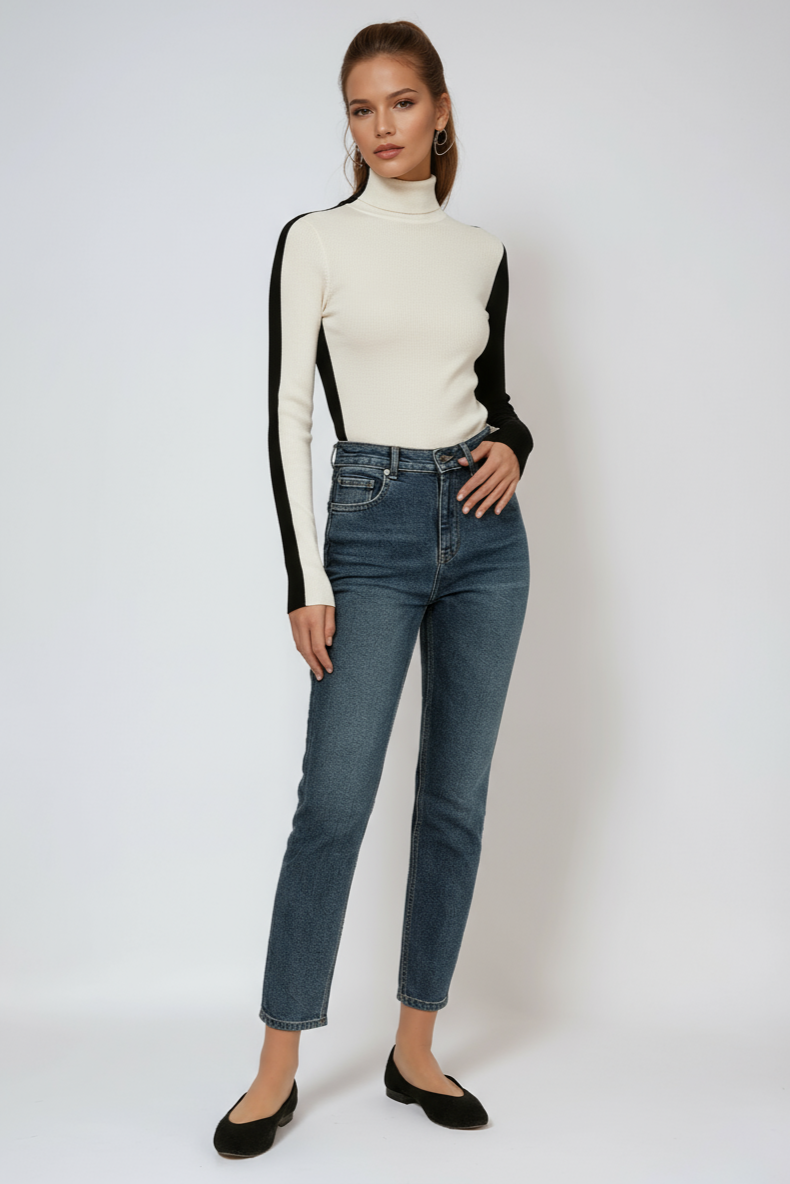 TWO TONE LONG SLEEVE KNITTED TOP