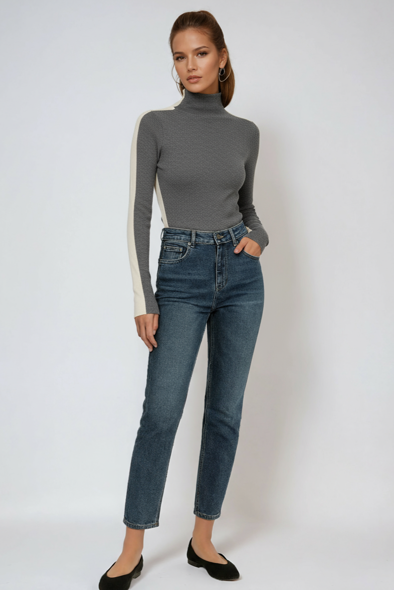 TWO TONE LONG SLEEVE KNITTED TOP