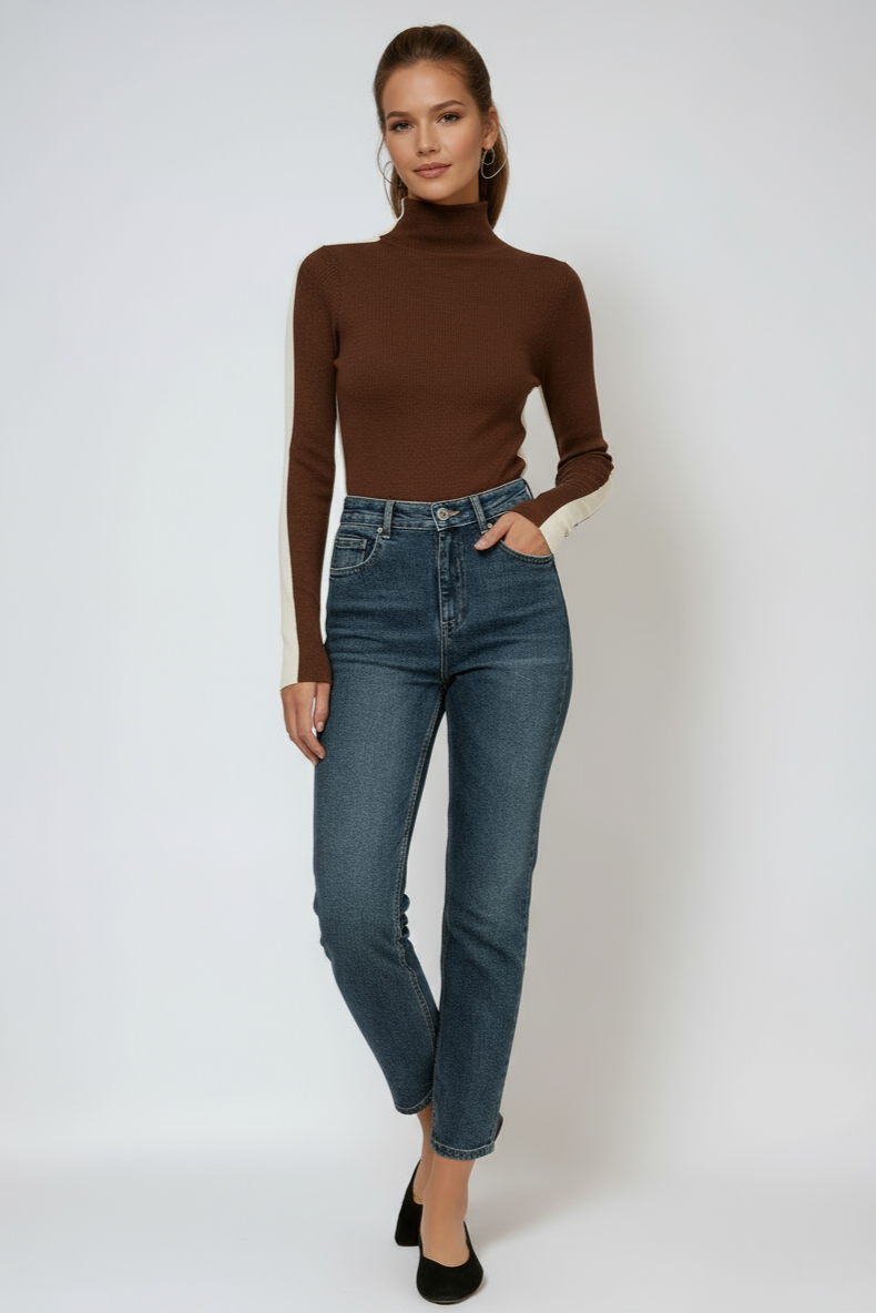 TWO TONE LONG SLEEVE KNITTED TOP
