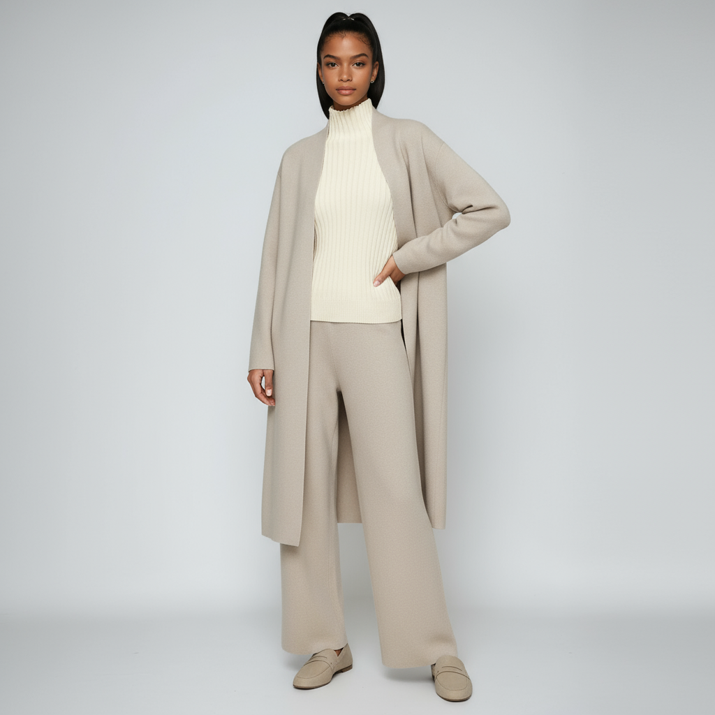 THREE PIECE KNITTED SET – CARDIGAN, TOP & WIDE LEG PANTS