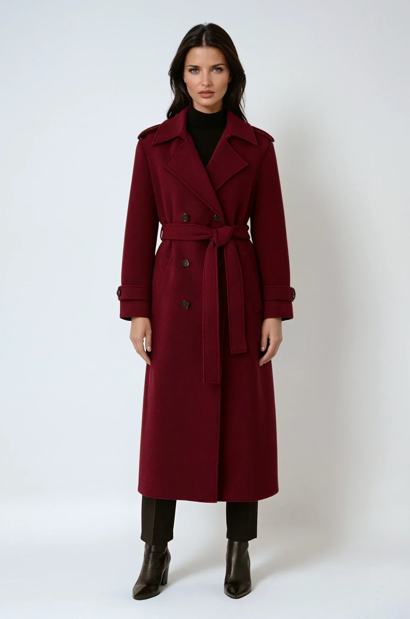RED WOOL COAT | LONG DOUBLE BREASTED TRENCH WITH BELT
