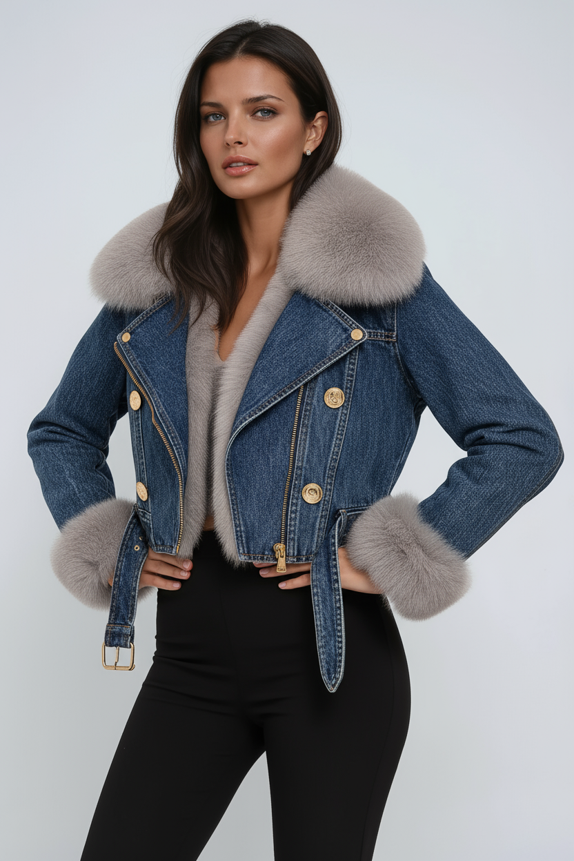 Denim Winter Jacket with Fur Collar