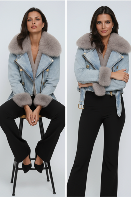 Denim Winter Jacket with Fur Collar