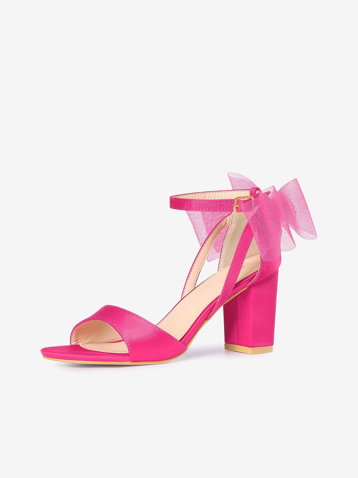 BLOCK HEEL PUMPS | OPEN TOE ANKLE STRAP WITH TULLE BOW