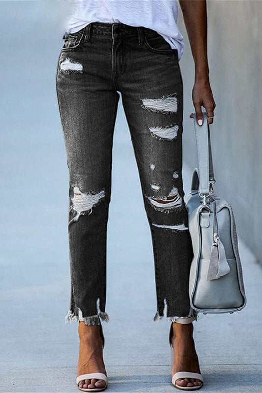 STREET EDGE | DISTRESSED STRAIGHT LEG JEANS WITH RAW HEM